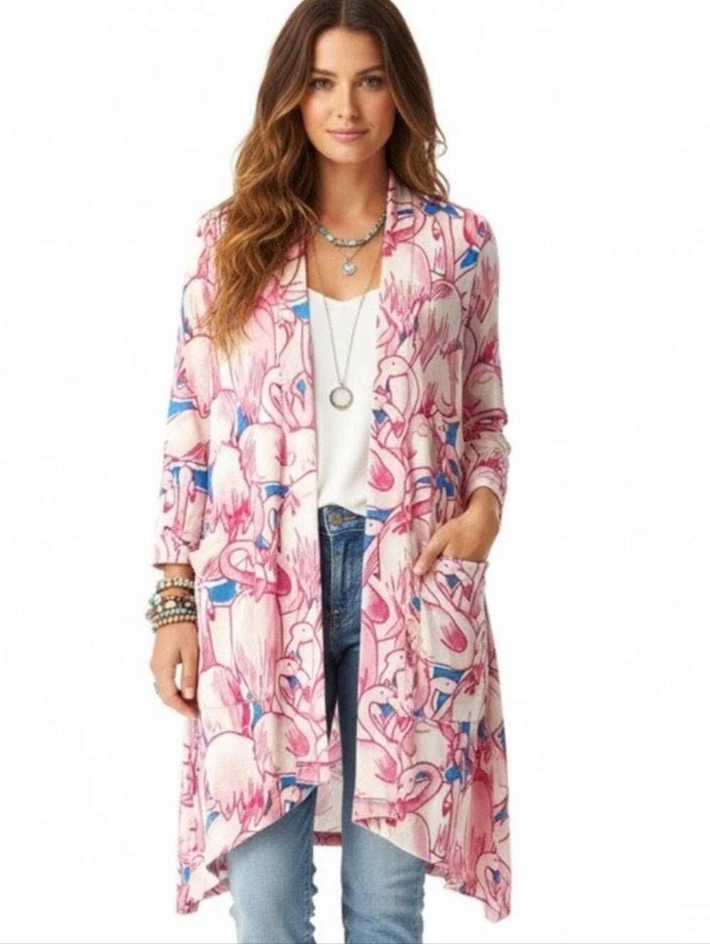 LuLaRoe NWT Caroline Pink/White & Blue Knit Cardigan 2 Functional Front Pockets